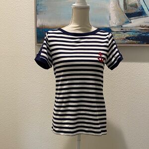 Nautical Striped Top with Red Anchor Accent by Karen Scott